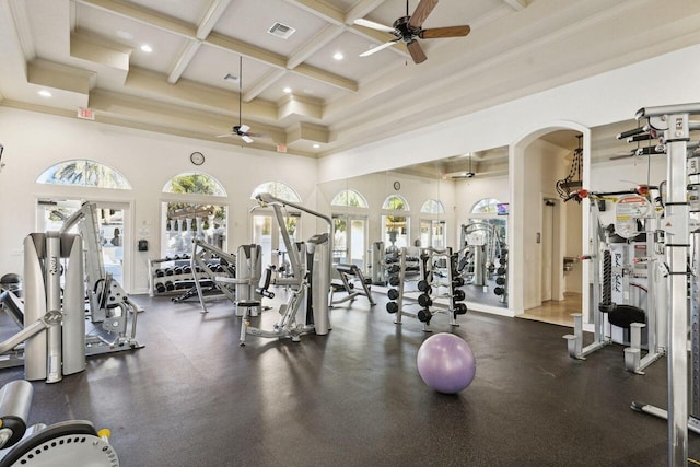 exercise room with a ceiling fan, a towering ceiling, beam ceiling, plenty of natural light, and coffered ceiling