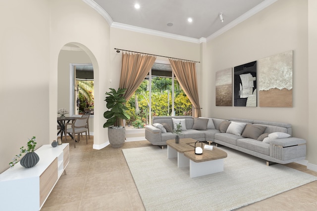 living area with ornamental molding, arched walkways, light tile patterned floors, a high ceiling, and baseboards