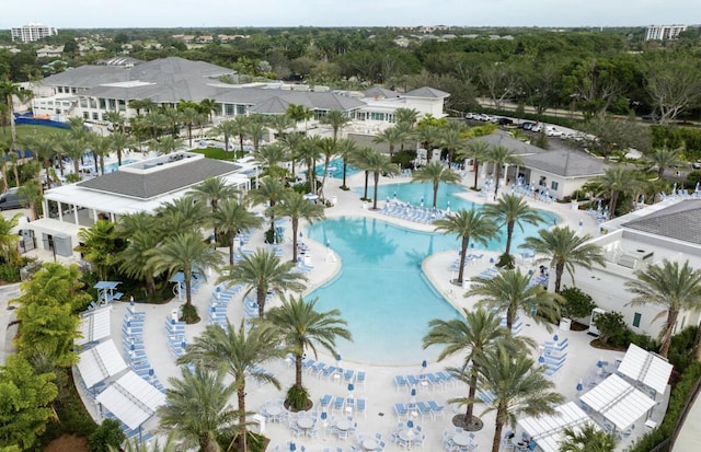 drone / aerial view of a pool