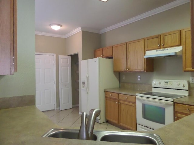 kitchen with white appliances, under cabinet range hood, a sink, light tile patterned floors, and crown molding