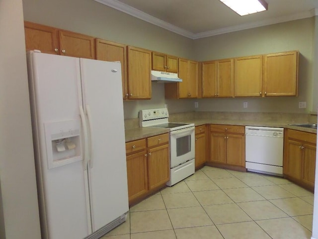kitchen featuring white appliances, under cabinet range hood, crown molding, light countertops, and light tile patterned floors