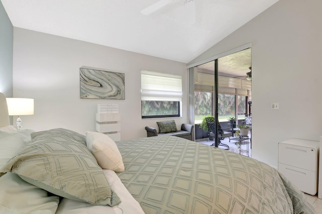 bedroom featuring lofted ceiling and ceiling fan