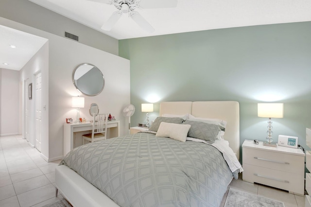 bedroom featuring light tile patterned floors, recessed lighting, a ceiling fan, and baseboards