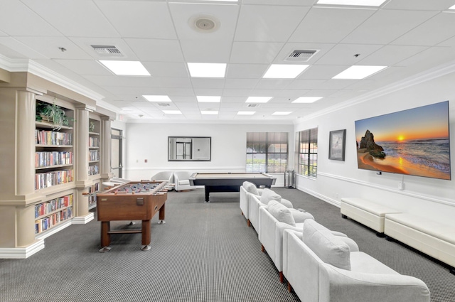 recreation room featuring carpet floors, a paneled ceiling, crown molding, billiards, and baseboards
