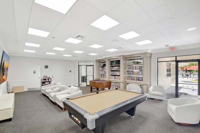 recreation room featuring carpet, billiards table, and a paneled ceiling