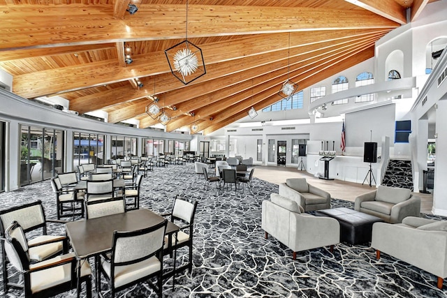 dining room with wooden ceiling, beamed ceiling, and high vaulted ceiling