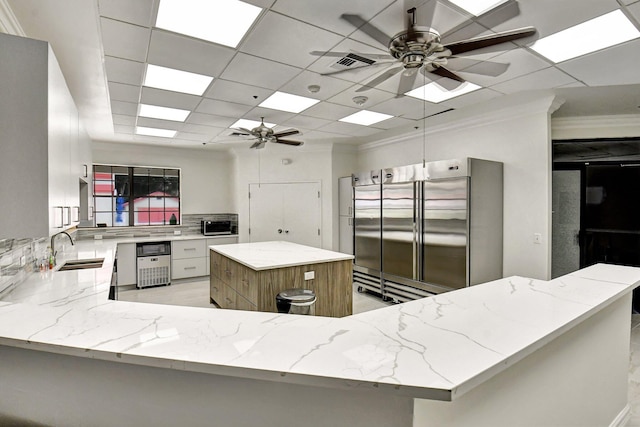kitchen with appliances with stainless steel finishes, a ceiling fan, a sink, light stone countertops, and crown molding