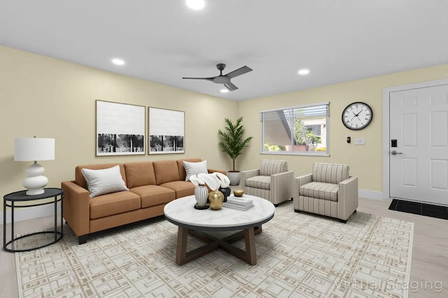 969 Normandy U, Delray Beach, FL 33484 - living room featuring a ceiling fan and recessed lighting