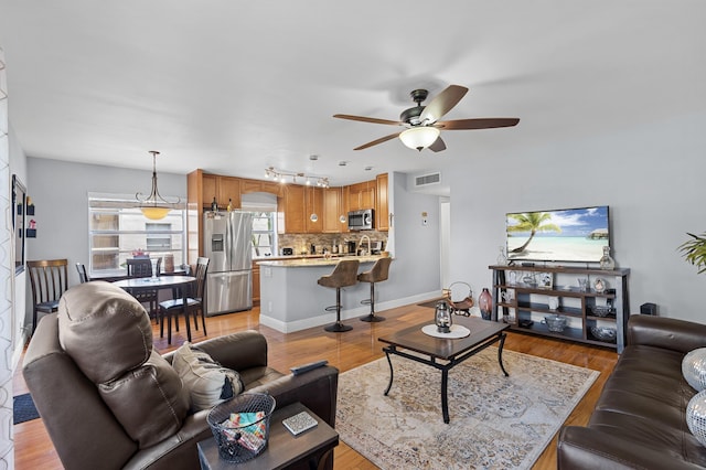 living room with a ceiling fan, light wood finished floors, and track lighting