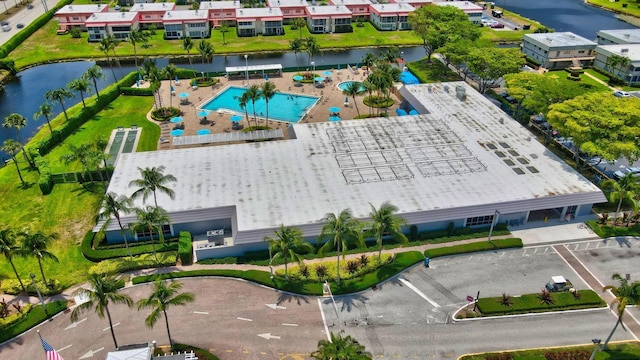 aerial view of a large body of water and a pool area