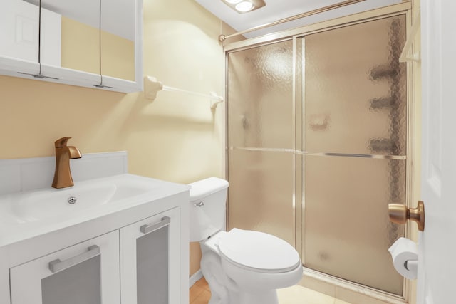full bathroom with a shower stall, toilet, tile patterned floors, and vanity