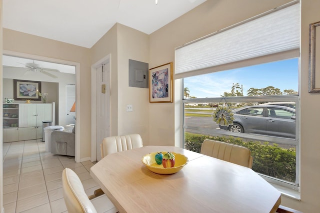 5200 Privet B Pl Unit B, Delray Beach, FL 33484 - dining space featuring electric panel, light tile patterned flooring, ceiling fan, and baseboards