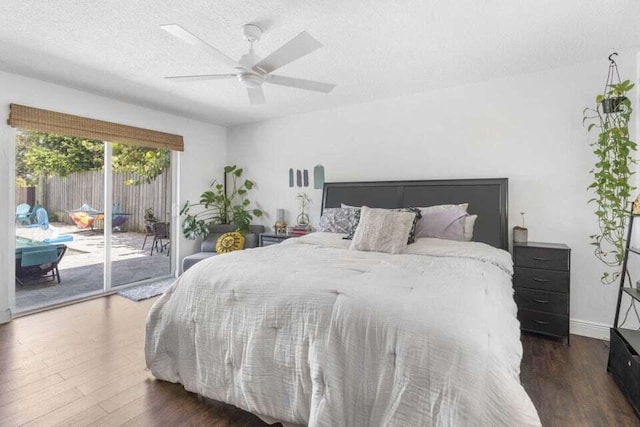 bedroom with access to exterior, wood finished floors, a textured ceiling, and ceiling fan