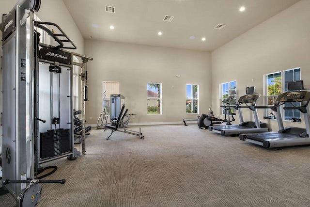 exercise room featuring carpet floors, a high ceiling, healthy amount of natural light, recessed lighting, and baseboards