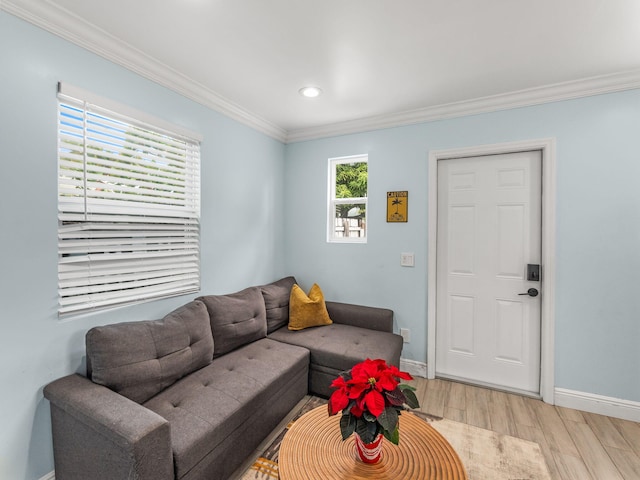 629 N F St, Lake Worth Beach, FL 33460 - living area featuring light wood-style floors, baseboards, ornamental molding, and recessed lighting