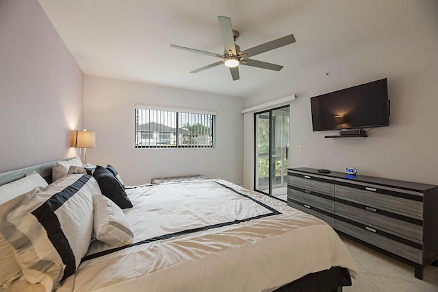 bedroom with access to exterior, a ceiling fan, and light tile patterned floors