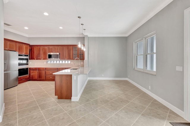 40 Country Lake Cir, Boynton Beach, FL 33436 - kitchen featuring appliances with stainless steel finishes, ornamental molding, a peninsula, light tile patterned flooring, and light countertops
