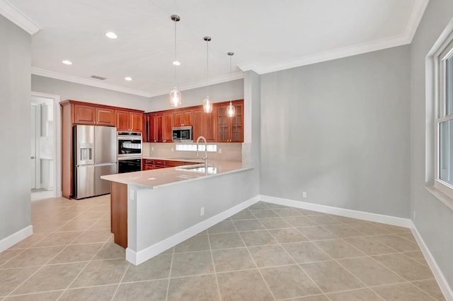 40 Country Lake Cir, Boynton Beach, FL 33436 - kitchen featuring stainless steel appliances, light countertops, a sink, light tile patterned flooring, and decorative light fixtures