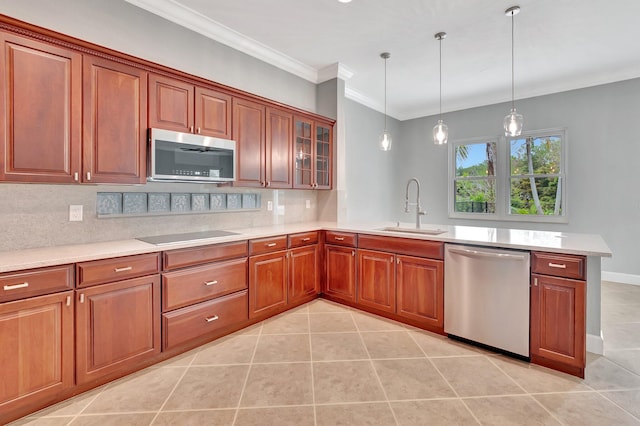 40 Country Lake Cir, Boynton Beach, FL 33436 - kitchen featuring appliances with stainless steel finishes, a sink, a peninsula, light tile patterned flooring, and light countertops