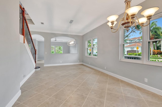 40 Country Lake Cir, Boynton Beach, FL 33436 - unfurnished living room featuring light tile patterned floors, a ceiling fan, a chandelier, stairway, and ornamental molding