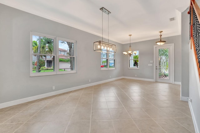 40 Country Lake Cir, Boynton Beach, FL 33436 - unfurnished room featuring healthy amount of natural light, light tile patterned floors, a chandelier, baseboards, and crown molding