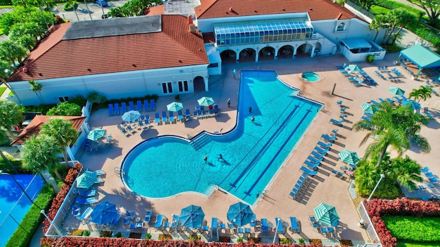view from above of property with a pool