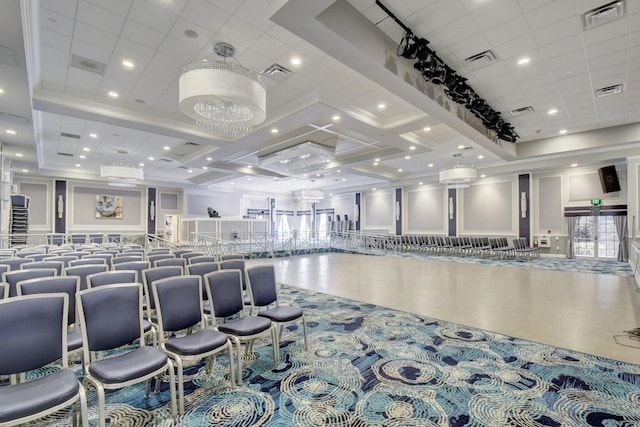 community lobby featuring coffered ceiling and recessed lighting