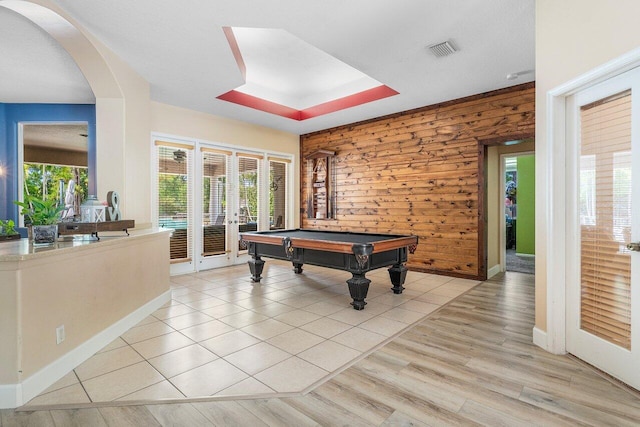 16737 Temple Blvd, Loxahatchee, FL 33470 - game room with french doors, arched walkways, billiards table, plenty of natural light, and wooden walls