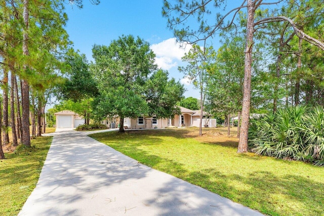 16737 Temple Blvd, Loxahatchee, FL 33470 - view of property hidden behind natural elements featuring concrete driveway, a front yard, a garage, and an outdoor structure