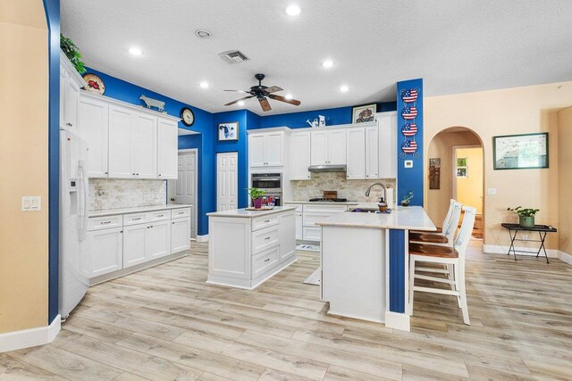 16737 Temple Blvd, Loxahatchee, FL 33470 - kitchen with a sink, a ceiling fan, arched walkways, a peninsula, and under cabinet range hood