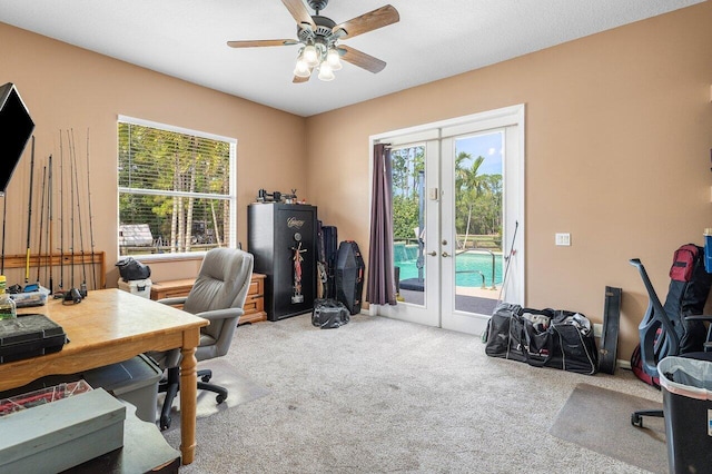 16737 Temple Blvd, Loxahatchee, FL 33470 - carpeted home office featuring french doors and a ceiling fan