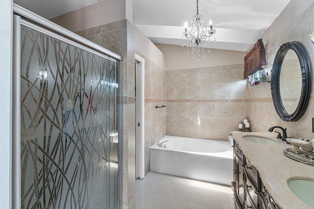 22075 Flower Dr, Boca Raton, FL 33428 - full bath featuring tile walls, a garden tub, a shower stall, tile patterned floors, and a chandelier
