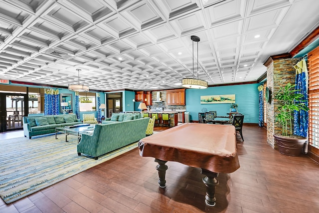 rec room with hardwood / wood-style floors, baseboards, crown molding, billiards, and coffered ceiling