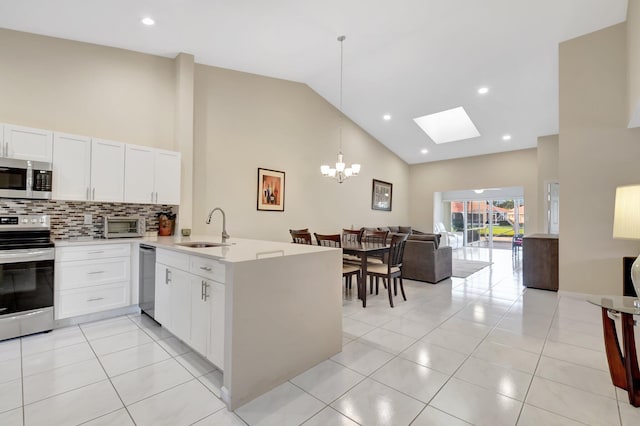 kitchen with appliances with stainless steel finishes, a sink, high vaulted ceiling, open floor plan, and a peninsula