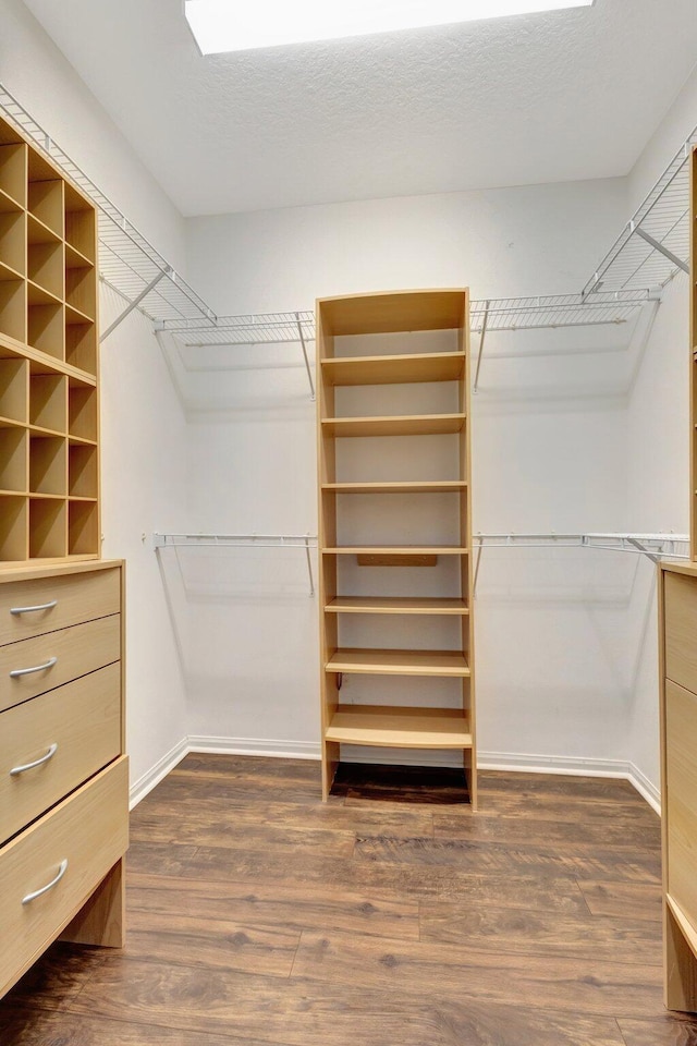spacious closet with dark wood-style flooring