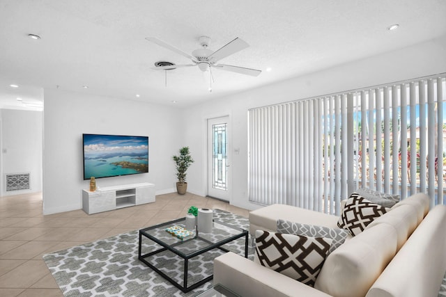 2230 NE 62nd St, Fort Lauderdale, FL 33308 - tiled living room featuring ceiling fan, baseboards, and recessed lighting