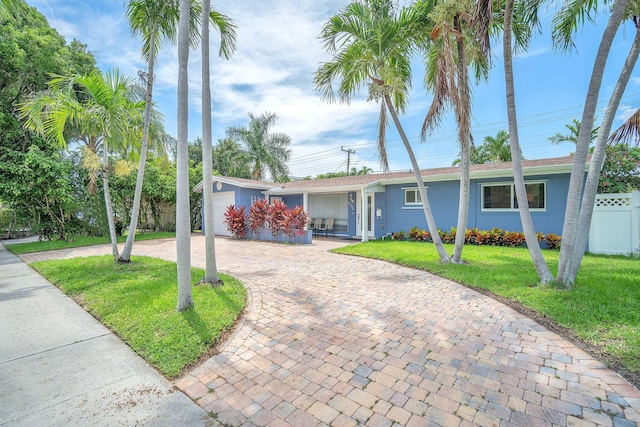 2230 NE 62nd St, Fort Lauderdale, FL 33308 - ranch-style home with curved driveway, stucco siding, and an attached garage