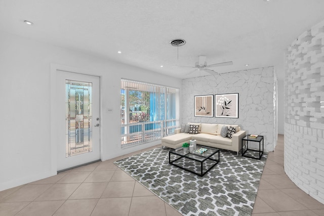 2230 NE 62nd St, Fort Lauderdale, FL 33308 - living room with a ceiling fan, tile patterned floors, and recessed lighting