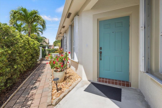 doorway to property featuring stucco siding