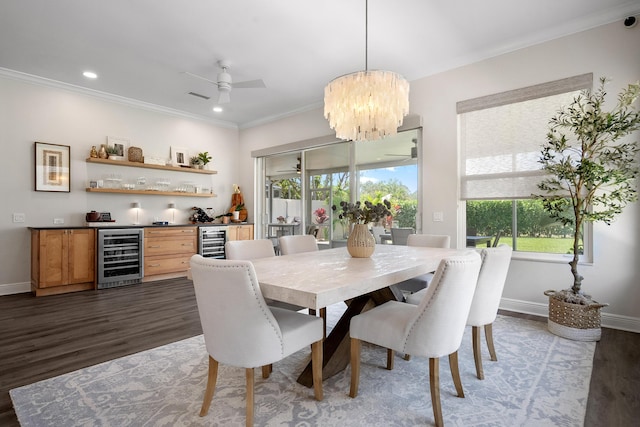 dining room with beverage cooler, plenty of natural light, dark wood-style floors, crown molding, and recessed lighting