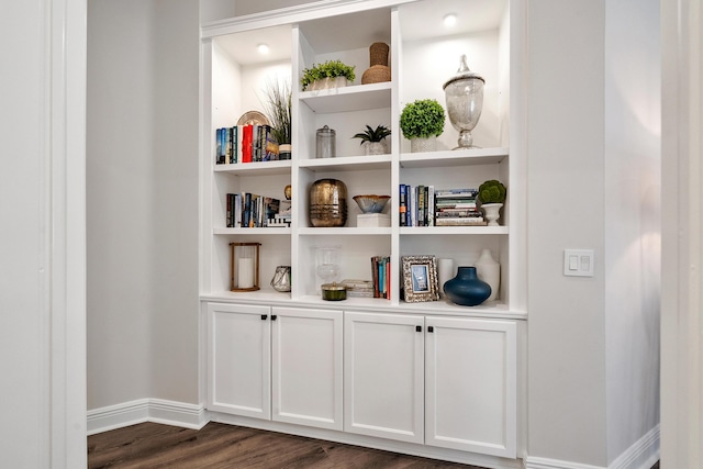 detailed view of wood finished floors, baseboards, and built in features