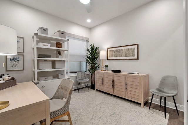 office with ceiling fan, baseboards, light wood-style flooring, and recessed lighting