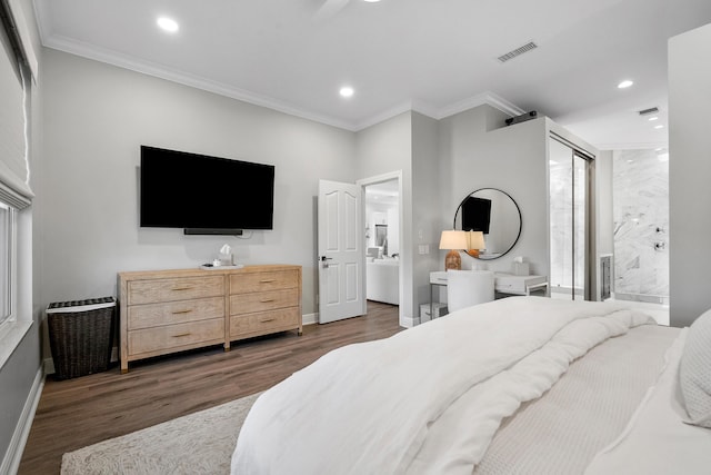 bedroom featuring dark wood-style flooring, recessed lighting, ornamental molding, baseboards, and ensuite bath