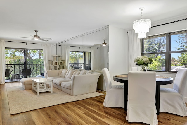 living area featuring a ceiling fan, wood finished floors, and a chandelier