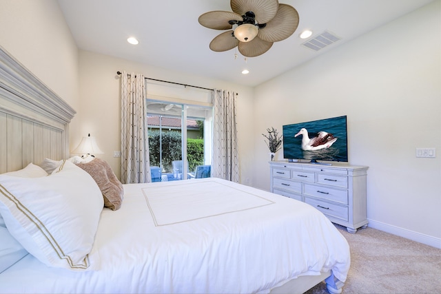 10250 SW Azzo Ln, Port Saint Lucie, FL 34986 - bedroom featuring light carpet, baseboards, recessed lighting, ceiling fan, and access to exterior