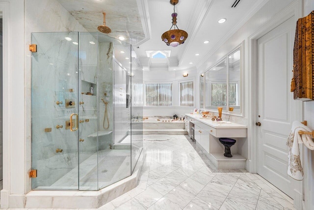 3066 SE Dune Dr, Stuart, FL 34996 - full bathroom featuring crown molding, a stall shower, marble finish floors, a bath, and a skylight