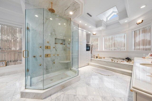 3066 SE Dune Dr, Stuart, FL 34996 - full bathroom with a shower stall, a garden tub, ornamental molding, marble finish flooring, and vanity