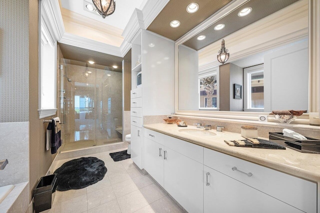 3066 SE Dune Dr, Stuart, FL 34996 - bathroom featuring toilet, ornamental molding, a shower stall, vanity, and tile patterned floors