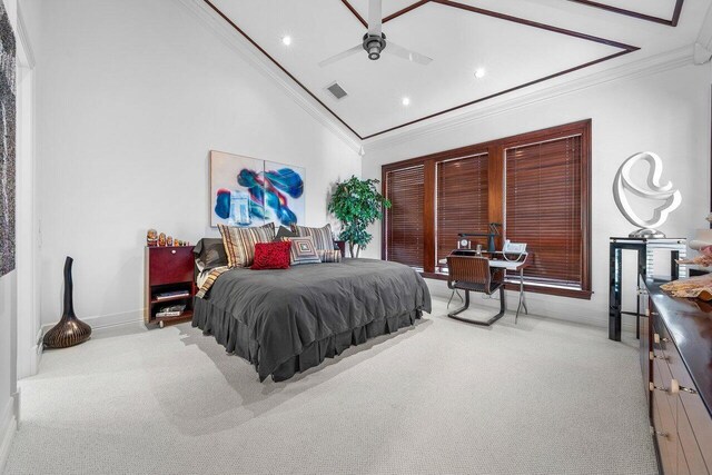 3066 SE Dune Dr, Stuart, FL 34996 - bedroom with carpet flooring, ornamental molding, baseboards, lofted ceiling, and recessed lighting