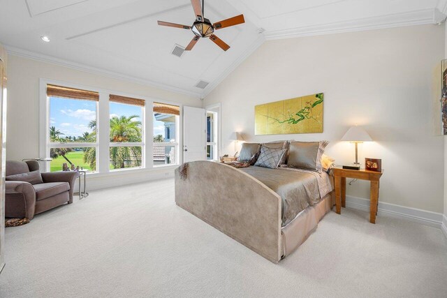 3066 SE Dune Dr, Stuart, FL 34996 - bedroom with crown molding, light colored carpet, lofted ceiling, baseboards, and a ceiling fan